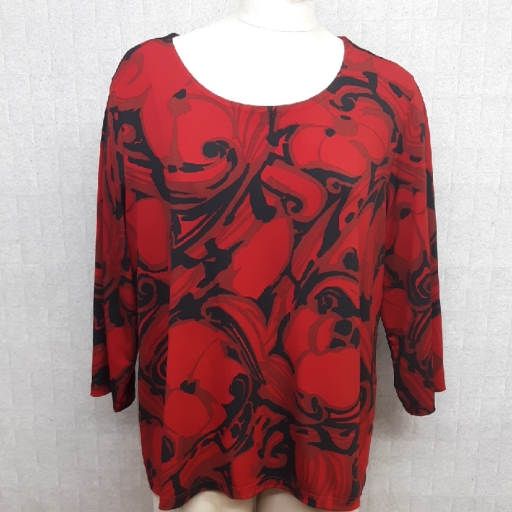 Chico's Travelers Red and Black Abstract Print Top